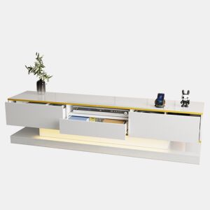 Móvel de TV 180cm de painel de partÃculas com 3 gavetas e luz led,branco+dourado