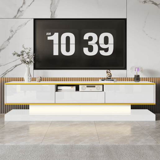 Móvel de TV 180cm de painel de partículas com 3 gavetas e luz led,branco+dourado