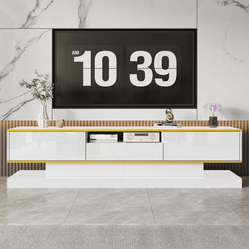 Móvel de TV 180cm de painel de partículas com 3 gavetas e luz led,branco+dourado