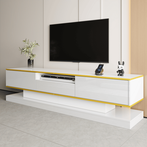 Móvel de TV 180cm de painel de partículas com 3 gavetas e luz led,branco+dourado