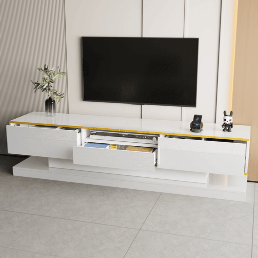 Móvel de TV 180cm de painel de partículas com 3 gavetas e luz led,branco+dourado