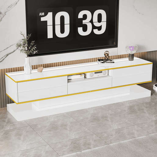 Móvel de TV 180cm de painel de partículas com 3 gavetas e luz led,branco+dourado