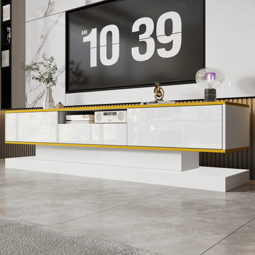 Móvel de TV 180cm de painel de partículas com 3 gavetas e luz led,branco+dourado