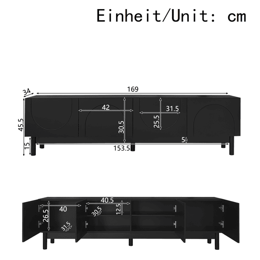 Móvel de TV 169cm de mdf e painel de partículas com 4 portas,preto