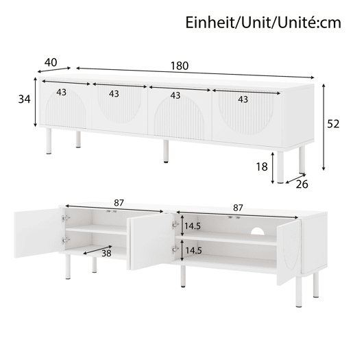 Móvel de TV 180cm de mdf e painel de partículas com 4 portas,branco