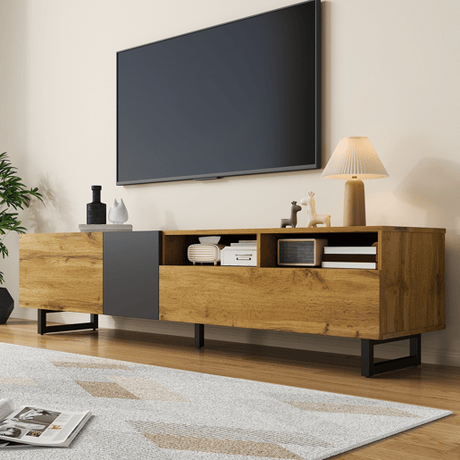 Móvel de TV 170cm de painel de partículas com 3 portas,natural+preto