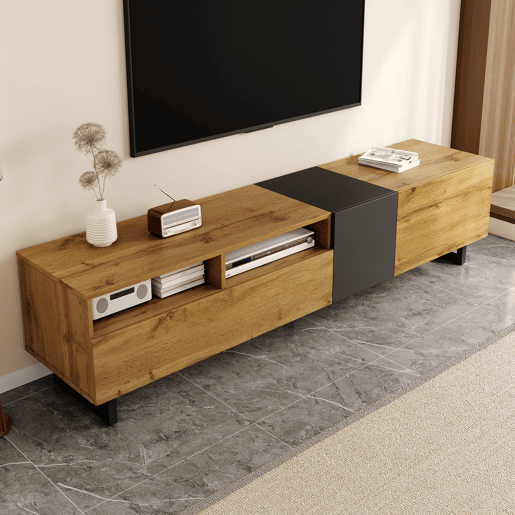 Móvel de TV 170cm de painel de partículas com 3 portas,natural+preto