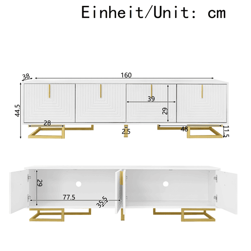 Móvel de TV 160cm de painel de partículas com 4 portas,branco+dourado