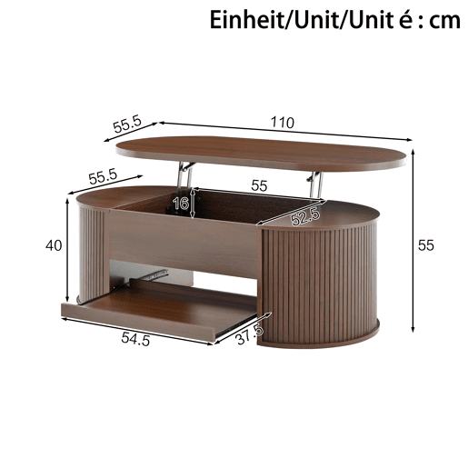 Mesa de centro elevável oval de mdf,madeira escura Mesa de centro elevável oval de mdf,madeira escura