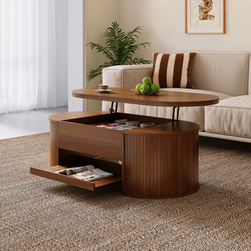 Mesa de centro elevável oval de mdf,madeira escura Mesa de centro elevável oval de mdf,madeira escura