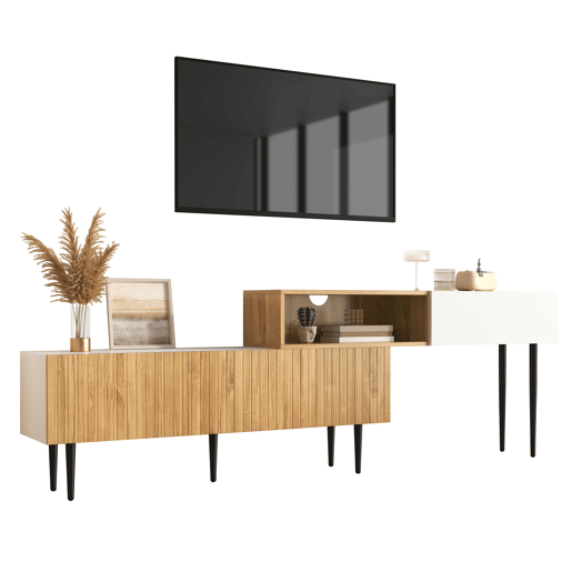 Móvel de TV 220cm de mdf e painel de partículas com 2 portas giratórias,natural+branco