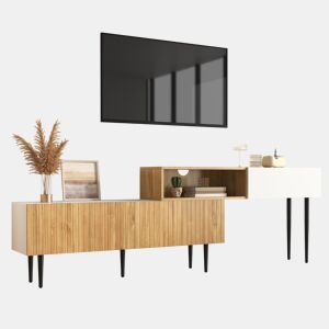 Móvel de TV 220cm de mdf e painel de partículas com 2 portas giratórias,natural+branco