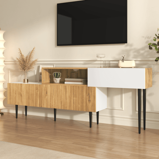Móvel de TV 220cm de mdf e painel de partículas com 2 portas giratórias,natural+branco