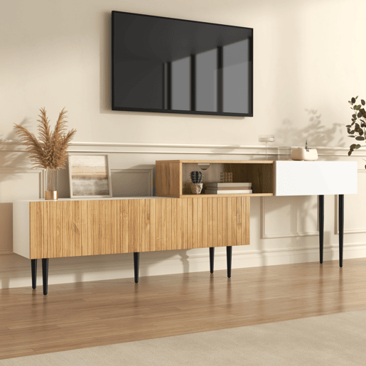 Móvel de TV 220cm de mdf e painel de partículas com 2 portas giratórias,natural+branco