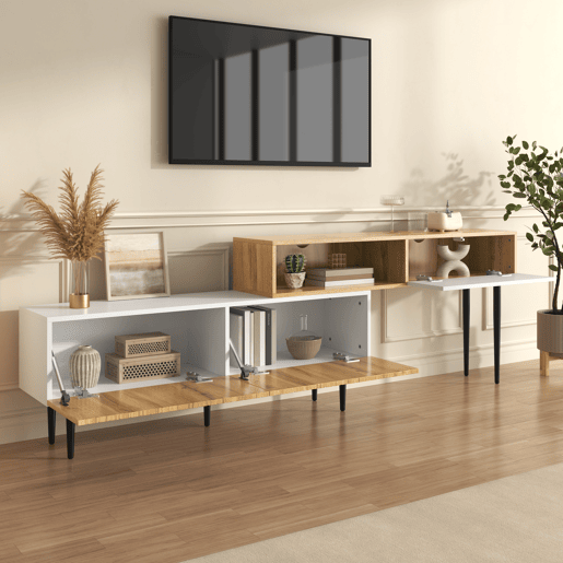 Móvel de TV 220cm de mdf e painel de partículas com 2 portas giratórias,natural+branco