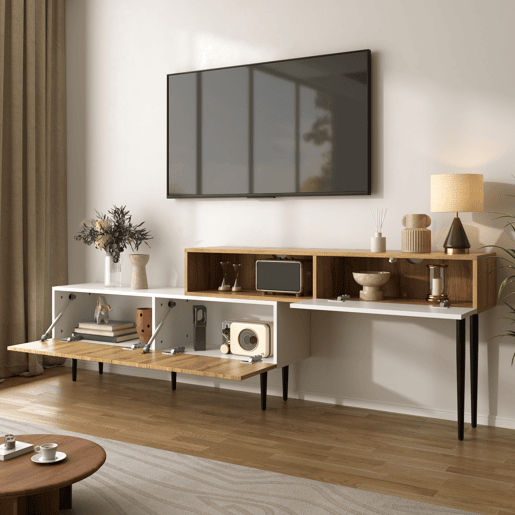 Móvel de TV 220cm de mdf e painel de partículas com 2 portas giratórias,natural+branco