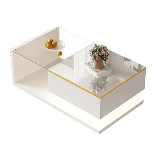 Mesa de centro retangular de painel de partículas com 1 porta giratória e luz led,branco