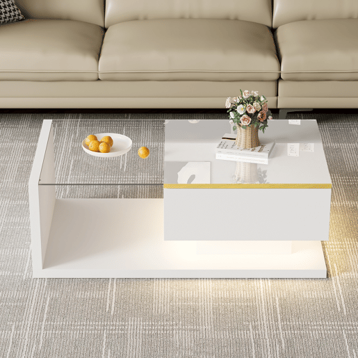 Mesa de centro retangular de painel de partículas com 1 porta giratória e luz led,branco