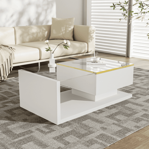 Mesa de centro retangular de painel de partículas com 1 porta giratória e luz led,branco
