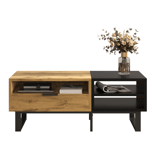 Mesa de centro retangular de painel de partÃculas com 1 gaveta,natural+preto Mesa de centro retangular de painel de partÃculas com 1 gaveta,natural+preto