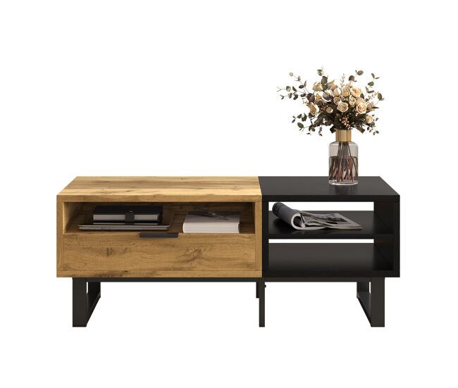 Mesa de centro rectangular de panel de partículas con 1 cajón,natural+negro