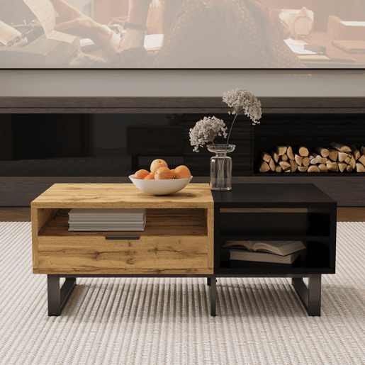 Mesa de centro retangular de painel de partÃculas com 1 gaveta,natural+preto Mesa de centro retangular de painel de partÃculas com 1 gaveta,natural+preto