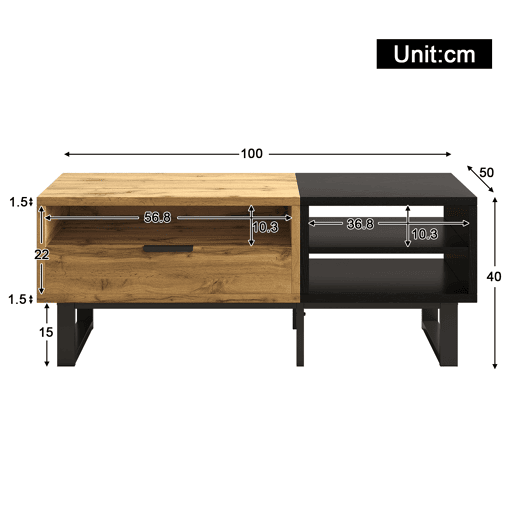 Mesa de centro retangular de painel de partÃculas com 1 gaveta,natural+preto Mesa de centro retangular de painel de partÃculas com 1 gaveta,natural+preto