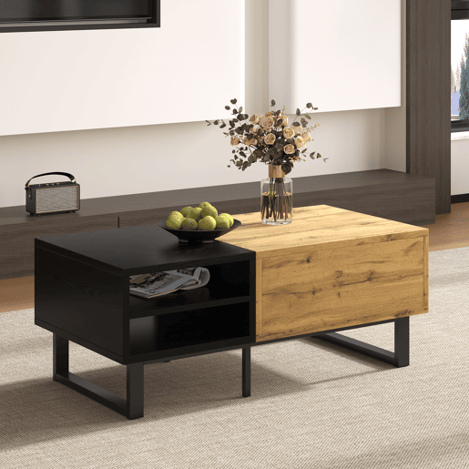 Mesa de centro retangular de painel de partÃculas com 1 gaveta,natural+preto Mesa de centro retangular de painel de partÃculas com 1 gaveta,natural+preto