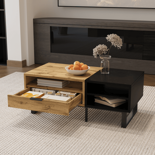 Mesa de centro retangular de painel de partÃculas com 1 gaveta,natural+preto Mesa de centro retangular de painel de partÃculas com 1 gaveta,natural+preto