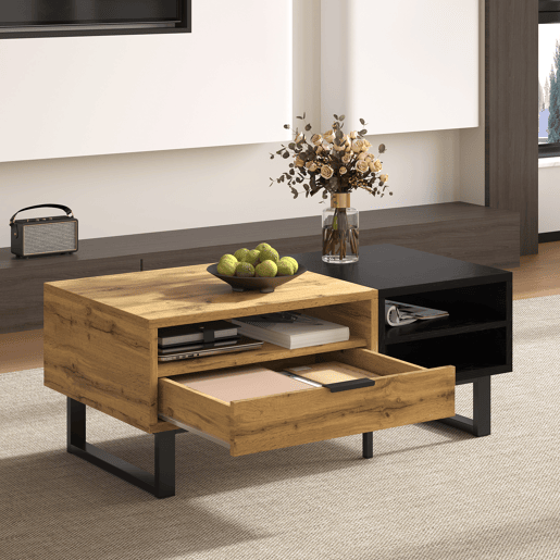 Mesa de centro retangular de painel de partÃculas com 1 gaveta,natural+preto Mesa de centro retangular de painel de partÃculas com 1 gaveta,natural+preto