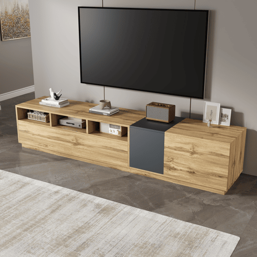 Móvel de TV 200cm de painel de partículas com 3 portas,natural+preto