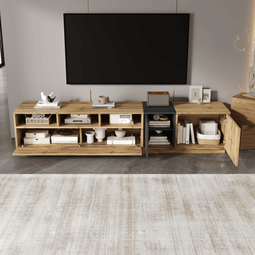 Móvel de TV 200cm de painel de partículas com 3 portas,natural+preto