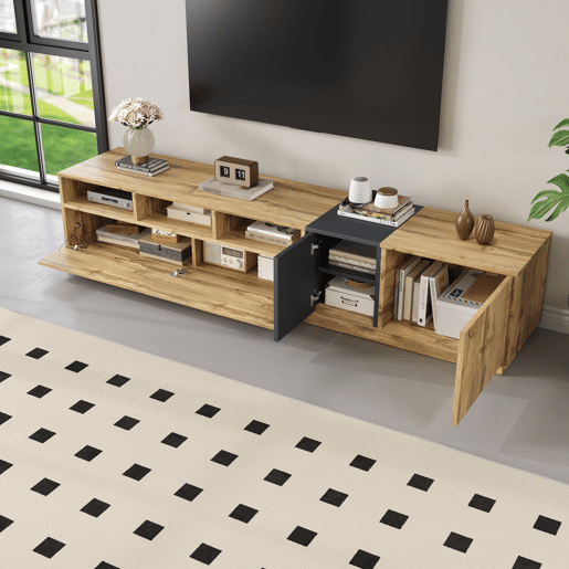 Móvel de TV 200cm de painel de partículas com 3 portas,natural+preto