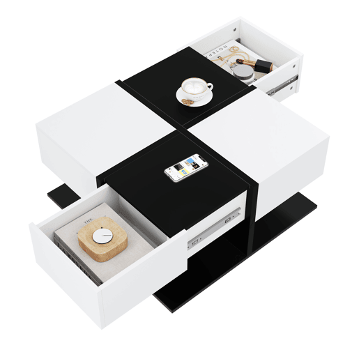 Mesa de centro quadrada de painel de partículas com 2 gavetas,branco+preto
