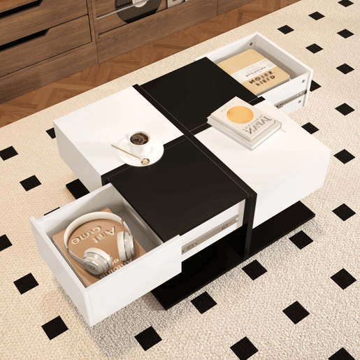 Mesa de centro quadrada de painel de partículas com 2 gavetas,branco+preto
