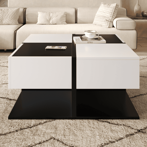 Mesa de centro quadrada de painel de partículas com 2 gavetas,branco+preto