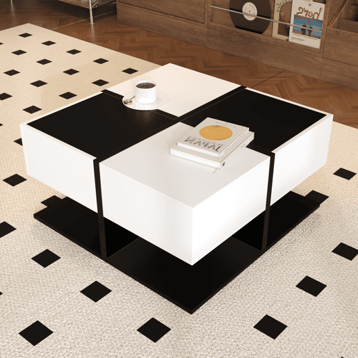 Mesa de centro quadrada de painel de partículas com 2 gavetas,branco+preto