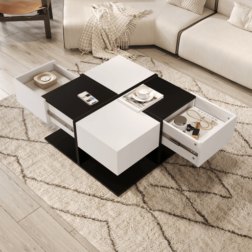 Mesa de centro quadrada de painel de partículas com 2 gavetas,branco+preto