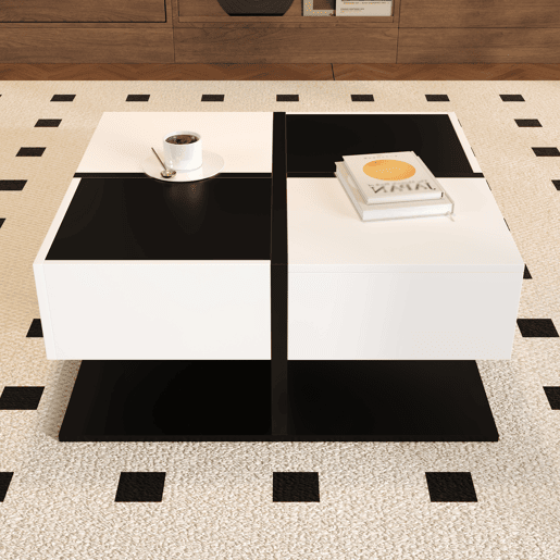 Mesa de centro quadrada de painel de partículas com 2 gavetas,branco+preto
