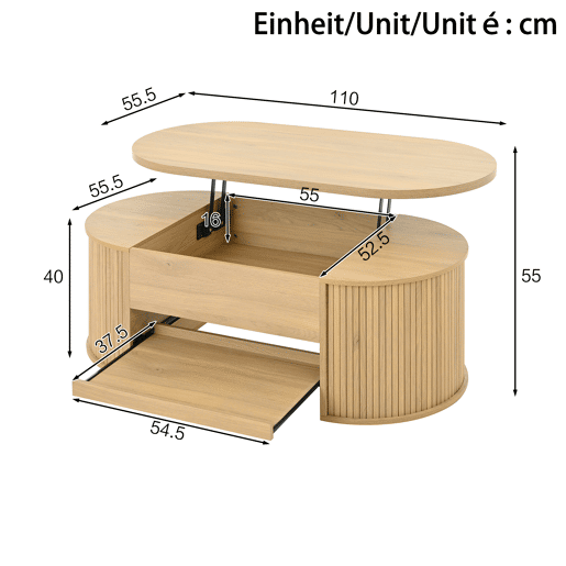 Mesa de centro elevável oval de mdf,madeira clara