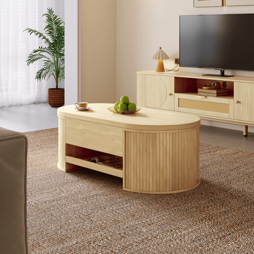 Mesa de centro elevável oval de mdf,madeira clara