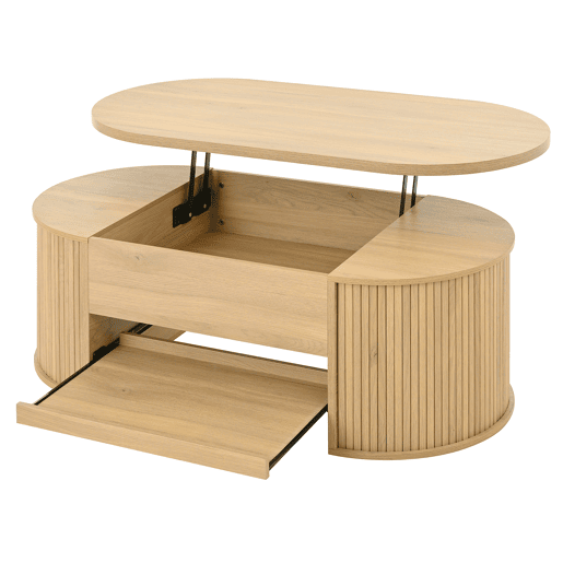 Mesa de centro elevável oval de mdf,madeira clara