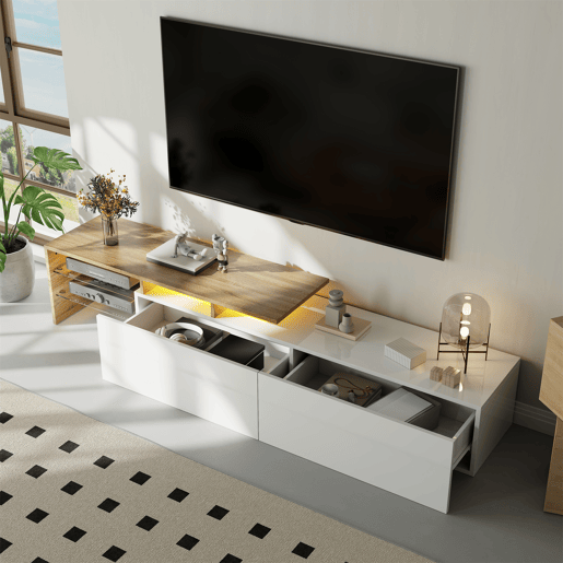 Móvel de TV 170cm de painel de partículas com 2 gavetas e luz led,branco