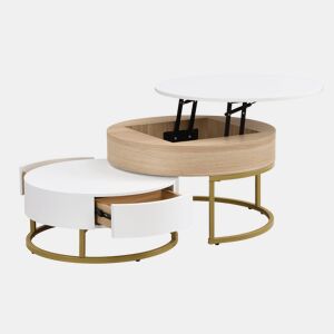 Conjunto de 2 mesas de centro elevávels redondas de mdf com 2 gavetas,branco+natural