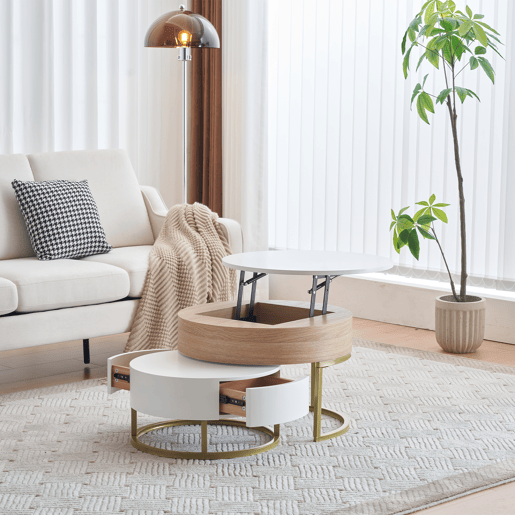 Conjunto de 2 mesas de centro elevávels redondas de mdf com 2 gavetas,branco+natural Conjunto de 2 mesas de centro elevávels redondas de mdf com 2 gavetas,branco+natural