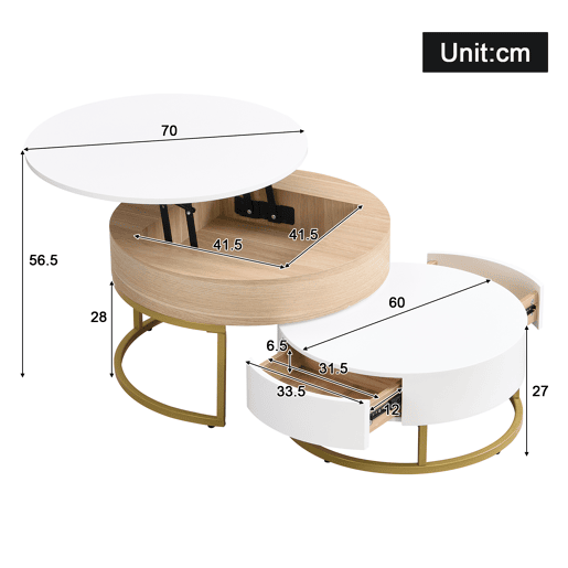 Conjunto de 2 mesas de centro elevávels redondas de mdf com 2 gavetas,branco+natural Conjunto de 2 mesas de centro elevávels redondas de mdf com 2 gavetas,branco+natural