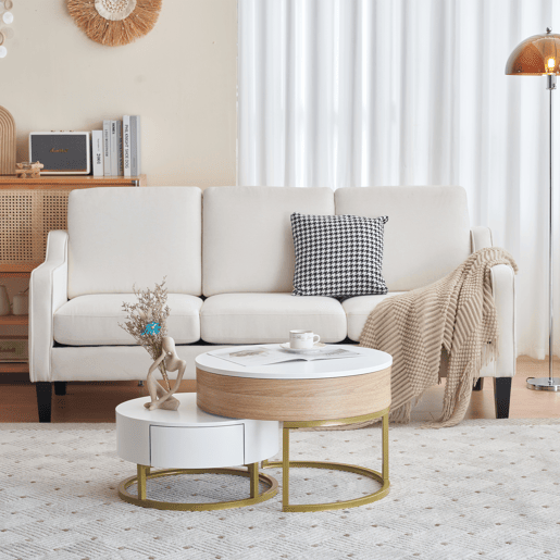 Conjunto de 2 mesas de centro elevávels redondas de mdf com 2 gavetas,branco+natural Conjunto de 2 mesas de centro elevávels redondas de mdf com 2 gavetas,branco+natural