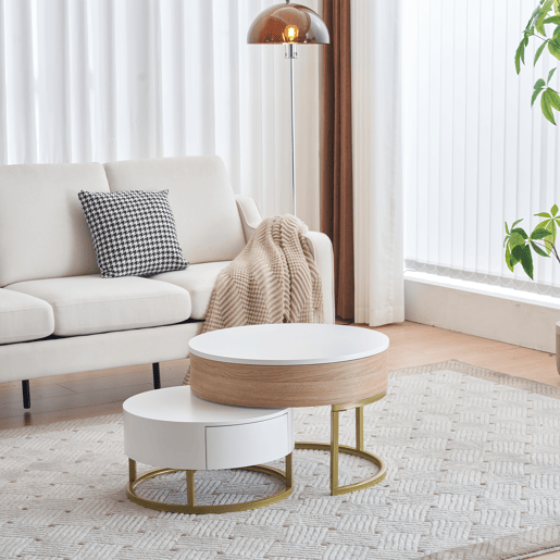 Conjunto de 2 mesas de centro elevávels redondas de mdf com 2 gavetas,branco+natural Conjunto de 2 mesas de centro elevávels redondas de mdf com 2 gavetas,branco+natural