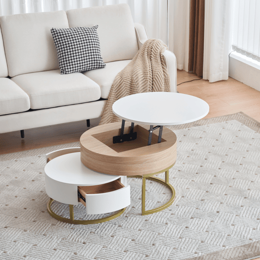 Conjunto de 2 mesas de centro elevávels redondas de mdf com 2 gavetas,branco+natural Conjunto de 2 mesas de centro elevávels redondas de mdf com 2 gavetas,branco+natural