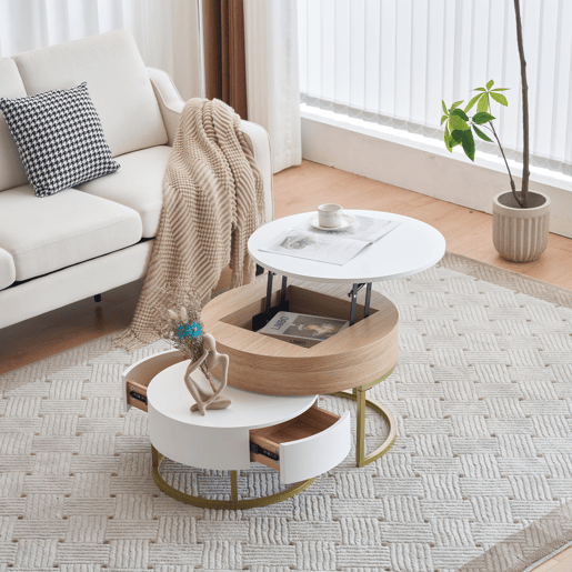 Conjunto de 2 mesas de centro elevávels redondas de mdf com 2 gavetas,branco+natural Conjunto de 2 mesas de centro elevávels redondas de mdf com 2 gavetas,branco+natural